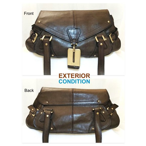 HUGO BOSS Dark Brown Genuine Leather Satchel Handbag Carry Flap Top Dual Handles - Picture 7 of 12